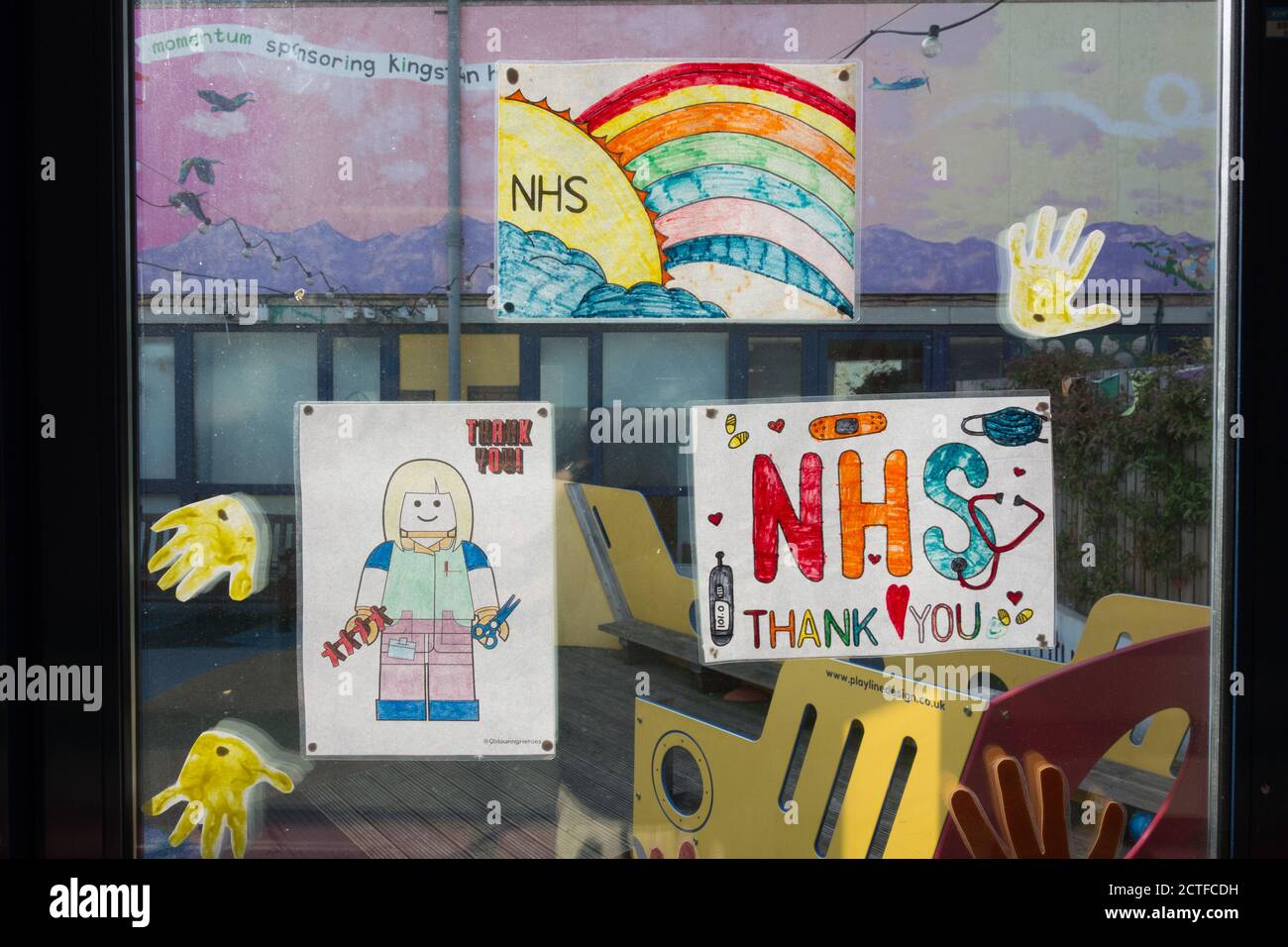 Thank the NHS drawings and paintings on a window in Kingston Hospital, London, UK Stock Photo