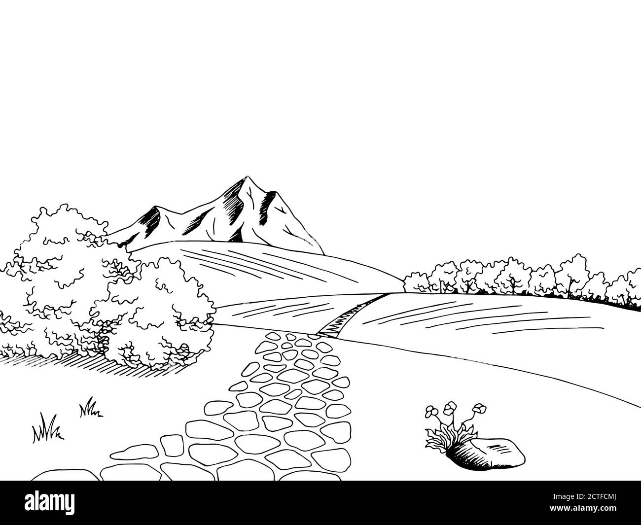 Old road graphic art black white landscape sketch illustration vector Stock Vector