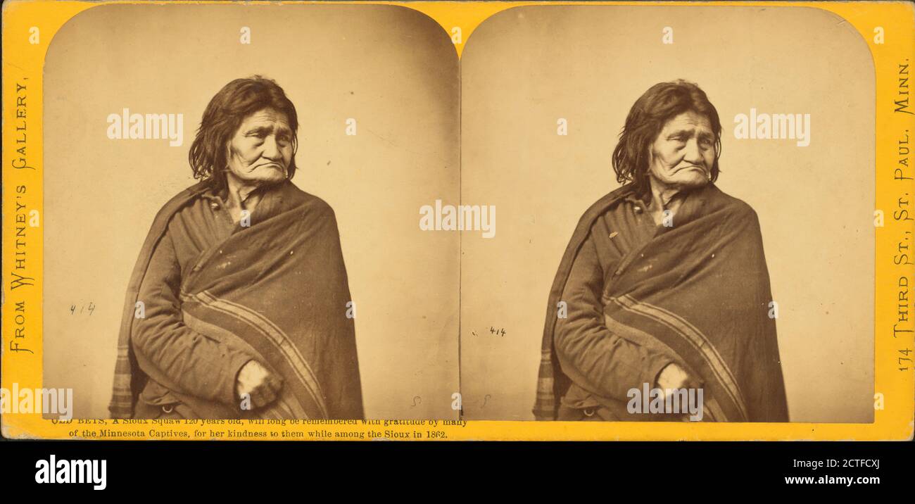 Old Bets, a Sioux squaw 120 years old, will long be remembered with gratitude by many of the Minnesota captives for her kindness to them while among the Sioux in 1862., Indians of North America, Minnesota Stock Photo