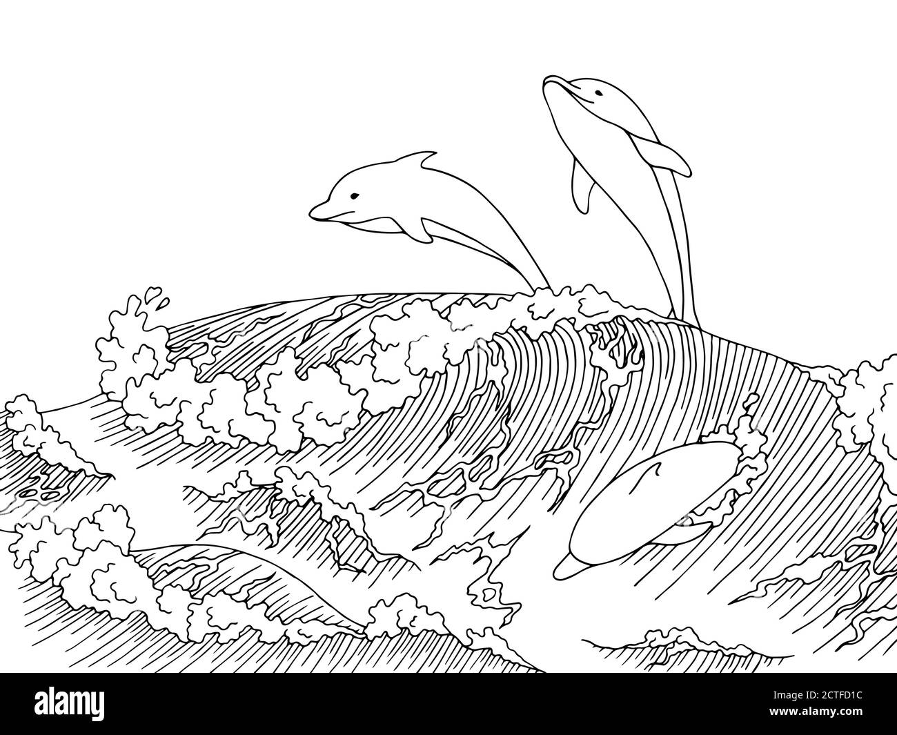 Sea dolphins wave graphic art surf black white landscape sketch illustration vector Stock Vector
