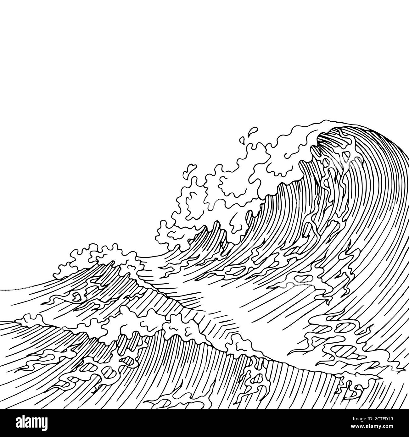Sea wave graphic art surf black white landscape sketch illustration vector Stock Vector