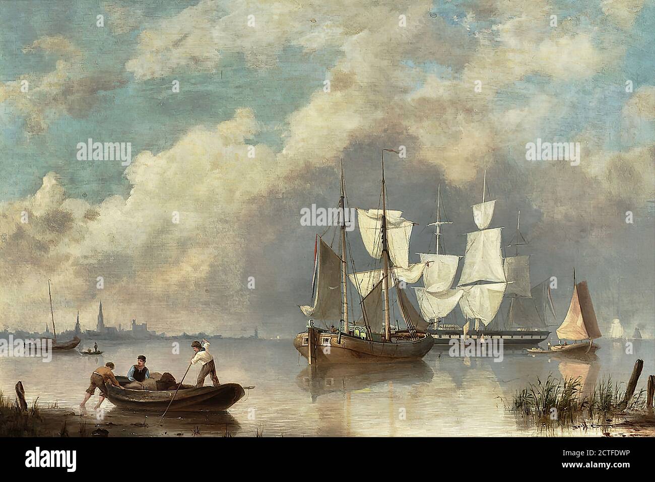 Koekkoek II Hermanus - Shipping at Anchor with Fishermen in a Rowing Boat - Dutch School - 19th  Century Stock Photo