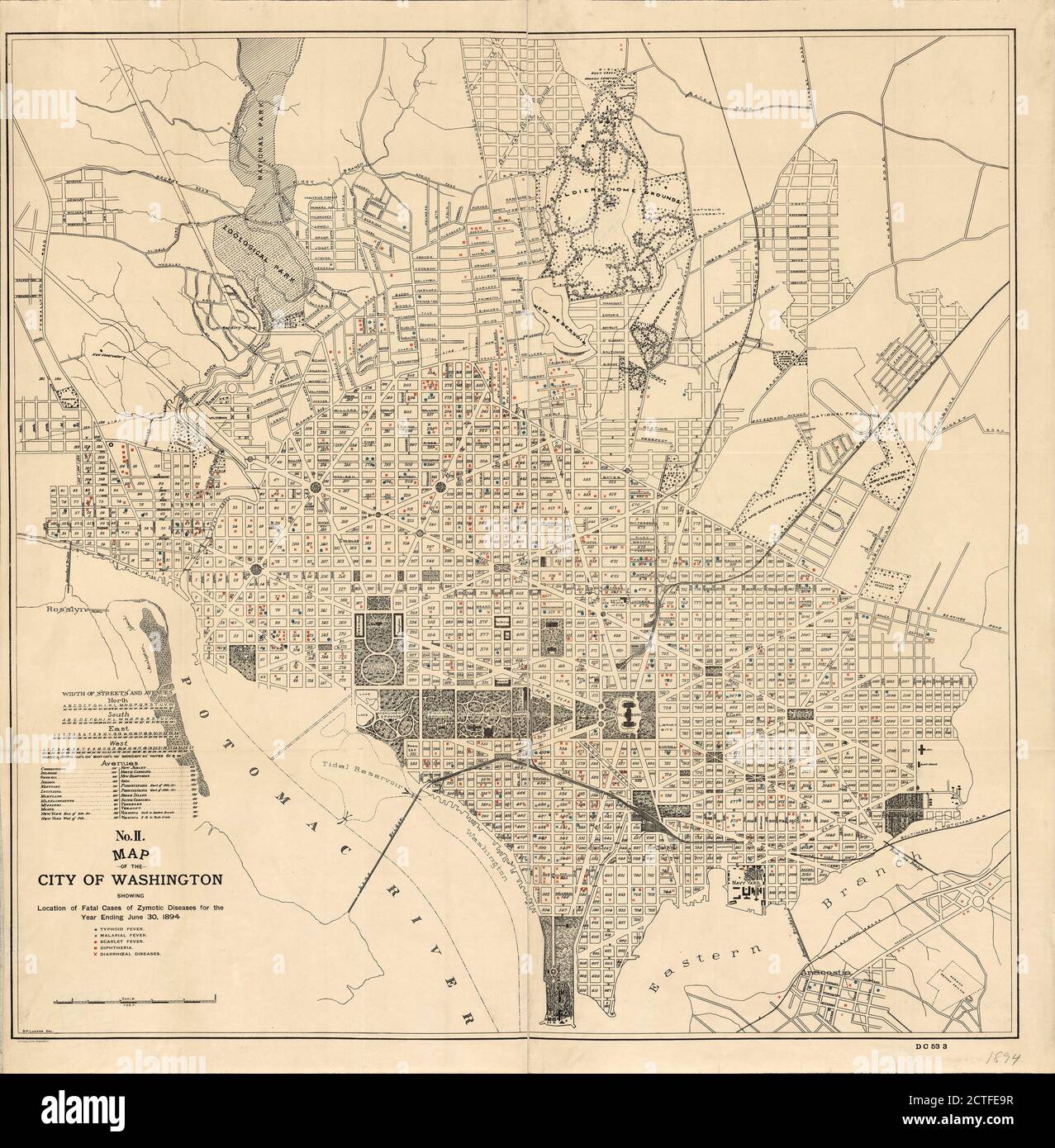 Map of the city of Washington showing location of fatal cases of zymotic diseases for the year ending June 30, 1894, cartographic, Maps, 1894, National Lithograph Co Stock Photo