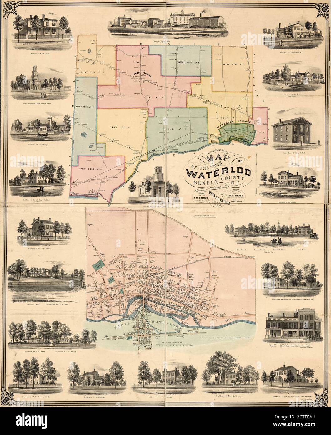 Map of the town of Waterloo, Seneca County, N.Y., cartographic, Maps, 1855, Rease, W. H Stock Photo