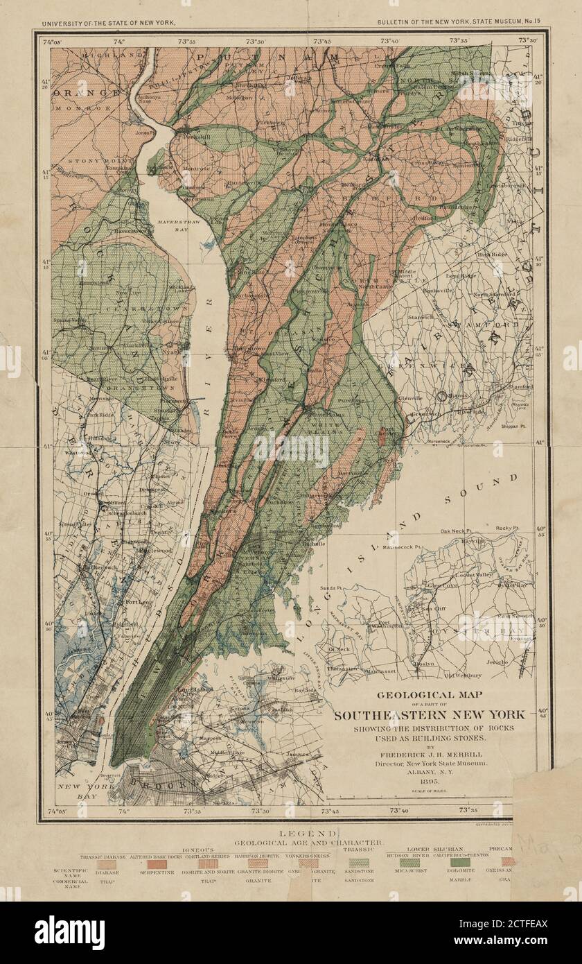 Geological map of a part of southeastern New York showing the distribution of the rocks used as building stones, cartographic, Maps, 1895 - 1895, Merrill, Frederick J. H. (Frederick James Hamilton), 1861-1916 Stock Photo