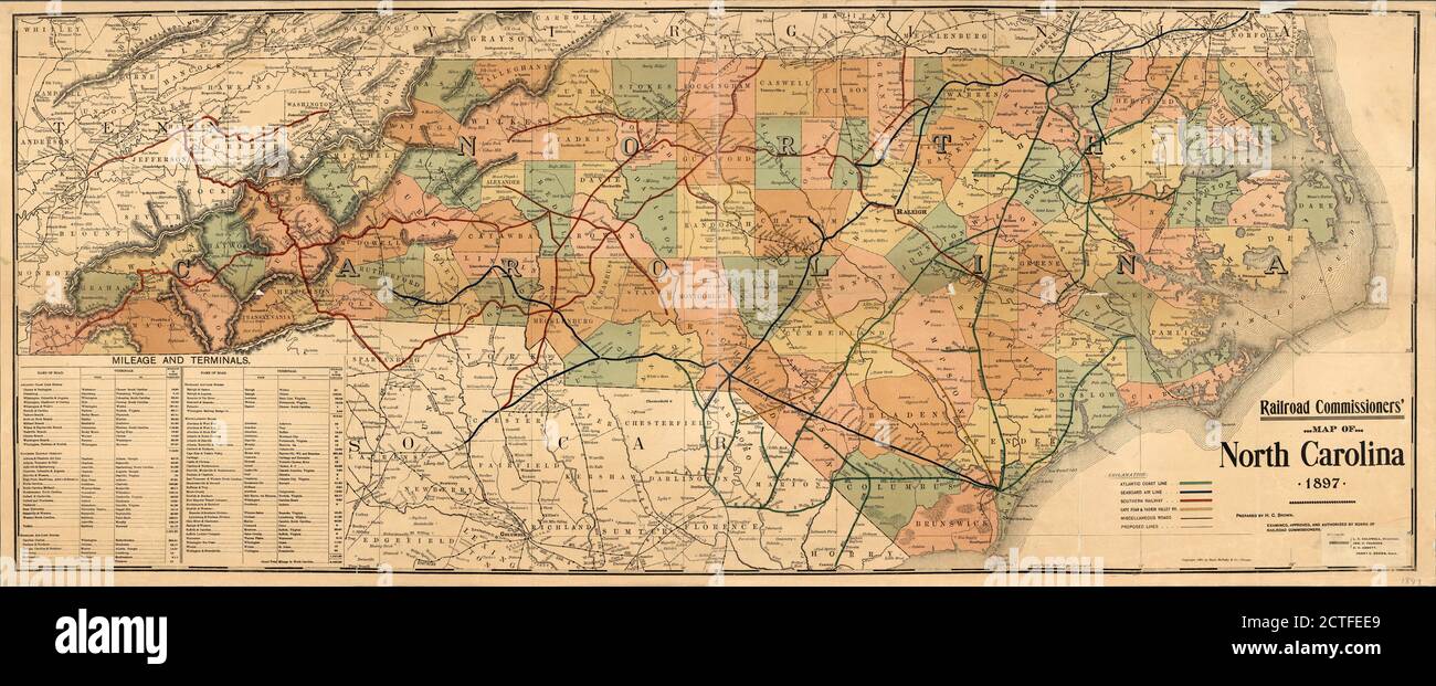 Railroad Commissioners' map of North Carolina, 1897 , cartographic, Maps, 1897, Brown, Henry C., North Carolina. Board of Railroad Commissioners Stock Photo