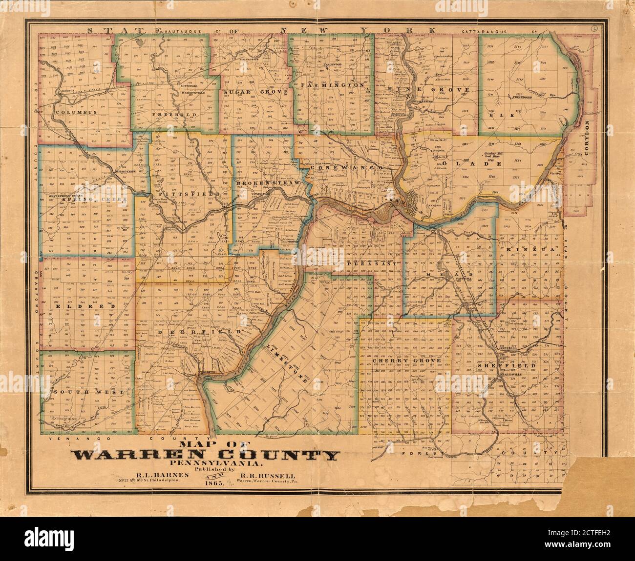 Map of Warren County, Pennsylvania, cartographic, Maps, 1865, Barnes, Rufus L Stock Photo