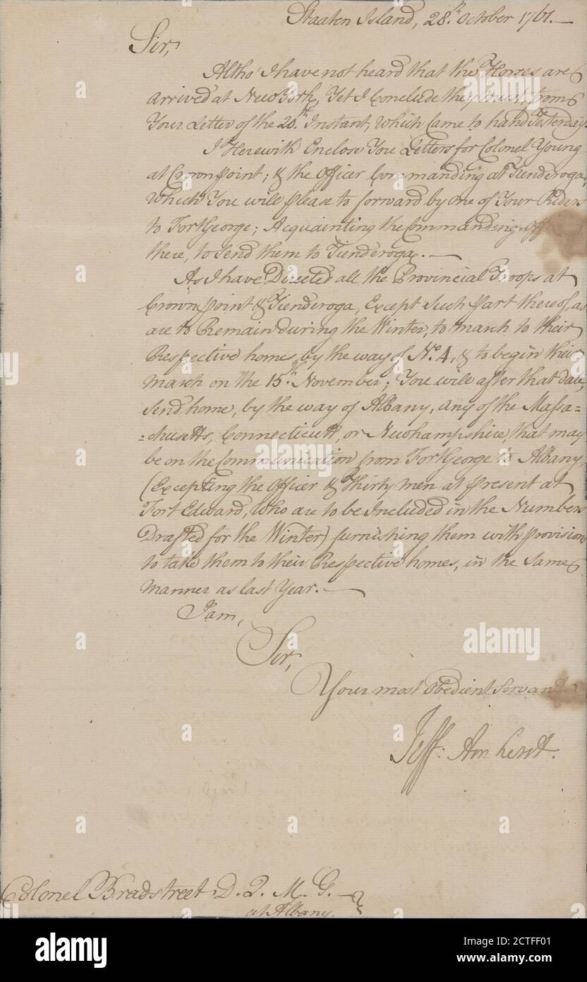 Letter to Col. John Bradstreet, Albany N. Y., text, Documents, 1761, Amherst, Jeffrey Stock Photo