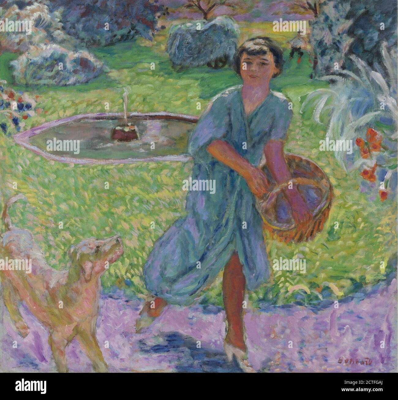 Pierre Bonnard 1867 - 1947  JEUNE FILLE JOUANT AVEC UN CHIEN (VIVETTE TERRASSE)  Signed Bonnard (lower right)  Oil on canvas  29 1/2 by 31 1/2 in.  75 by 80 cm  Painted in 1913.Bonnard's niece, Vivette Terrasse, appears in the garden of the family home at Grand-Lemps. Seen in full figure with basket in hand, she runs along a path with a scampering dog beside. Pressed close to the picture plane, with paws and feet touching the painting's lower edge, they appear poised to leap into our space, while the garden with its fountain and foliage stretches away behind them. Conflating the genres of port Stock Photo