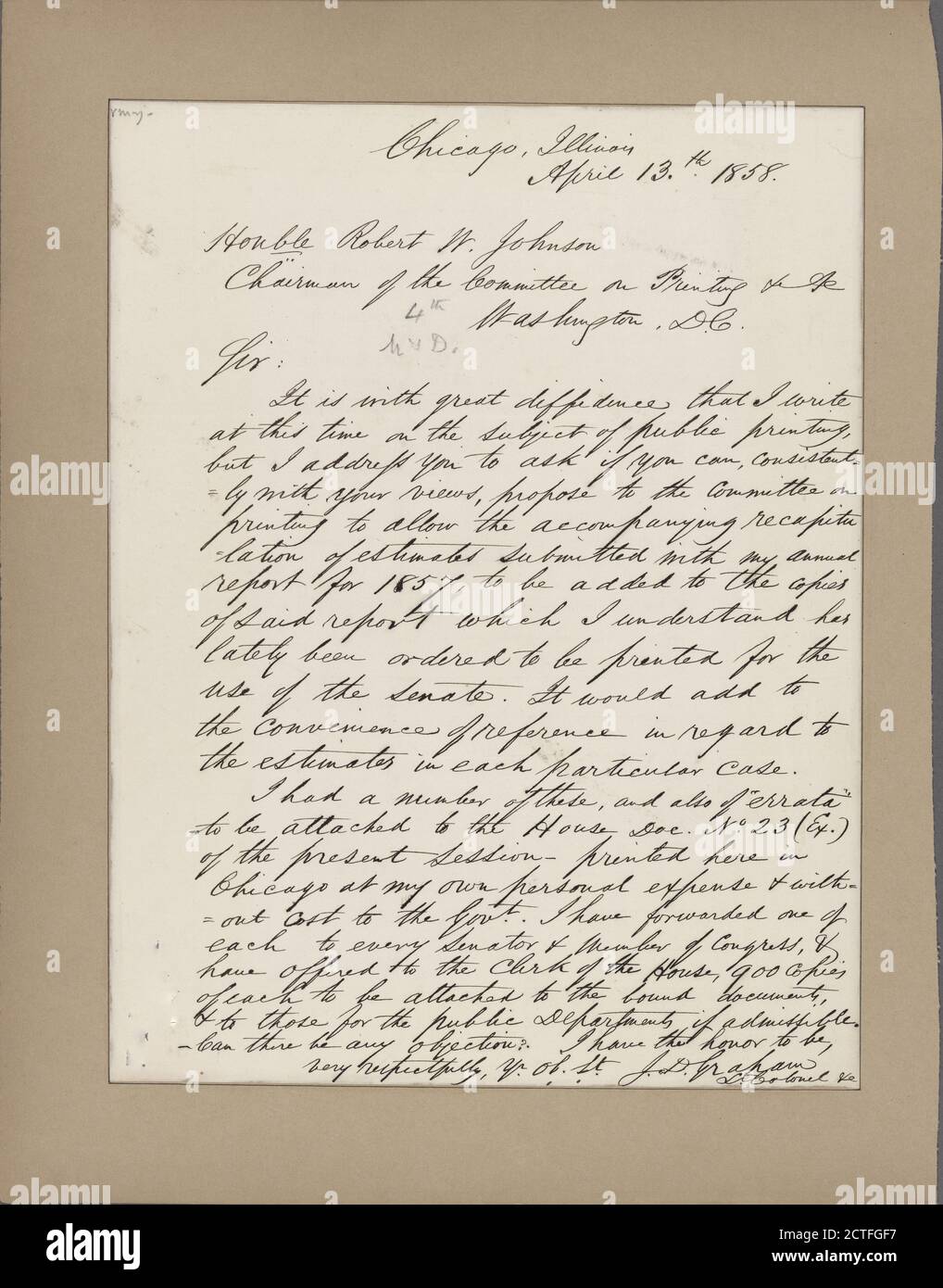 Letter to Robert W. Johnson, Chairman Printing Committee, Washington, D. C., text, Documents, 1858, Graham, James Duncan Stock Photo
