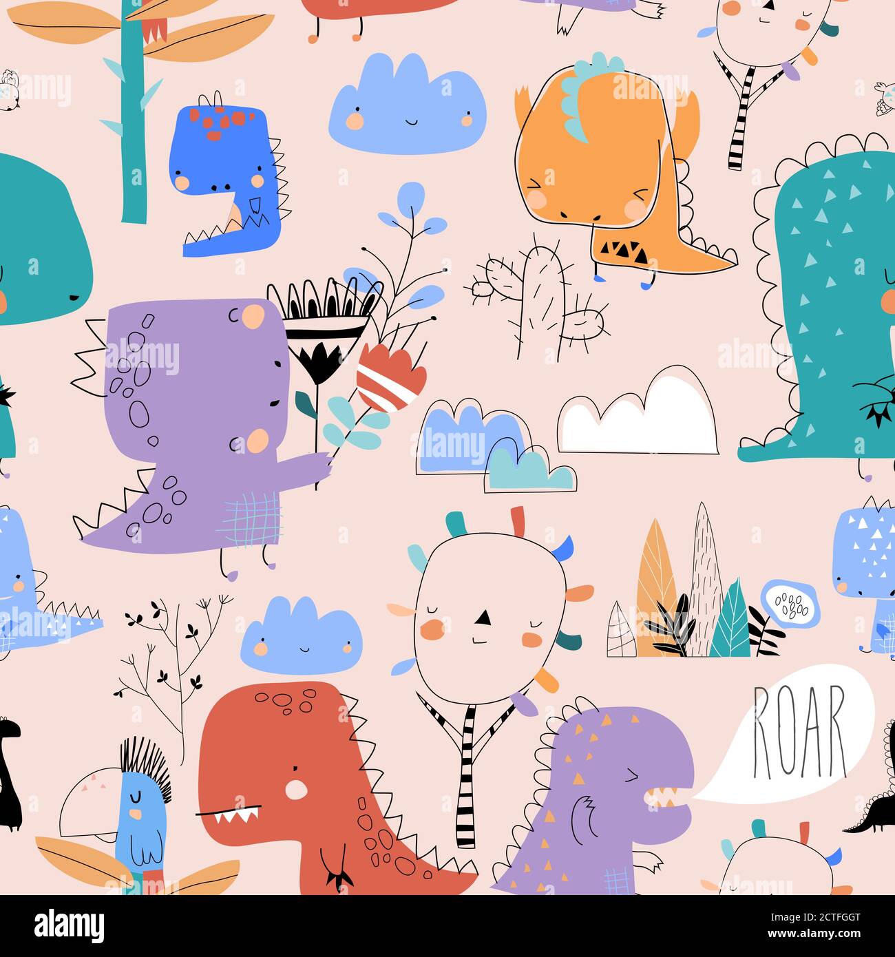 Seamless pattern with cute cartoon dinosaurs on pink background Stock Vector