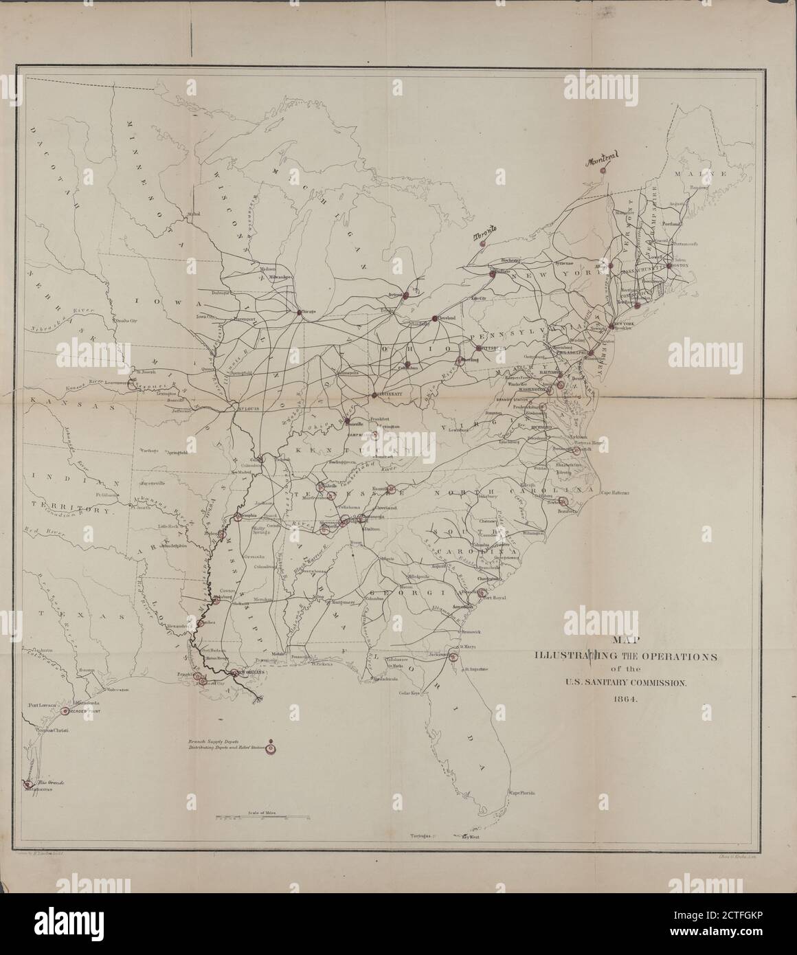 Map illustrating the operations of the U.S. Sanitary Commission, cartographic, Maps, 1864, United States Sanitary Commission, Krebs, Charles G., Lindenkohl, H. (Henry Stock Photo