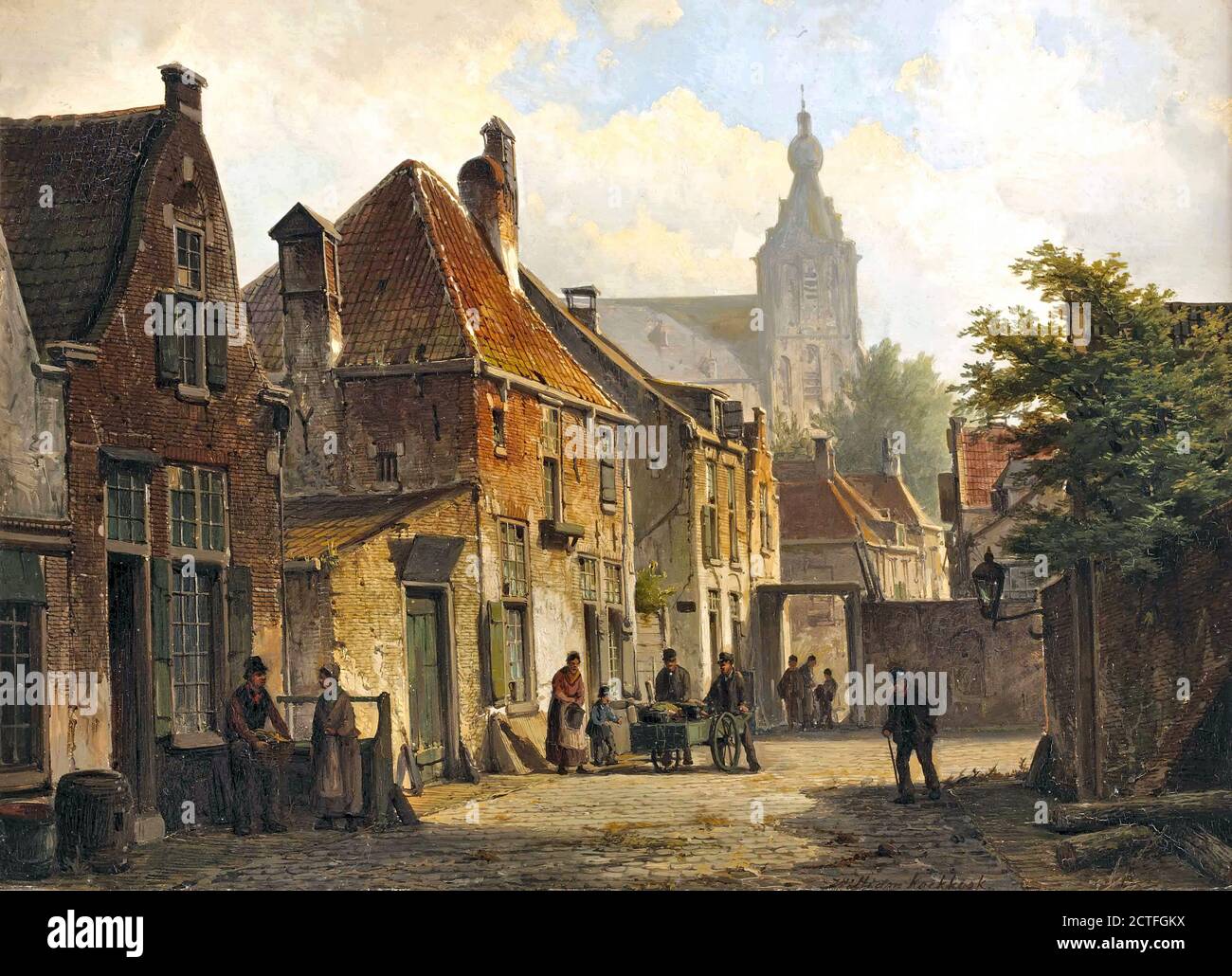 Koekkoek Willem - Townsfolk in a Sunlit Street with a Church Beyond - Dutch School - 19th  Century Stock Photo
