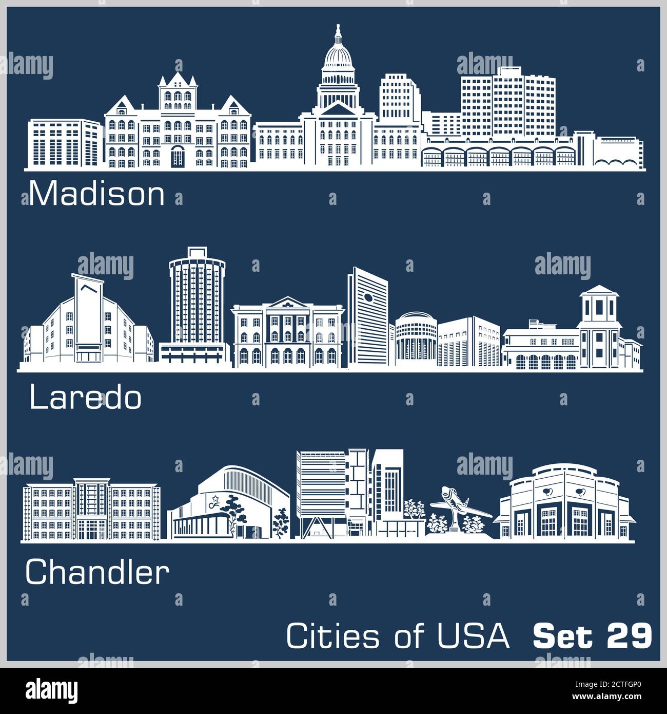 Cities of USA - Madison, Laredo, Chandler. Detailed architecture. Trendy vector illustration. Stock Vector