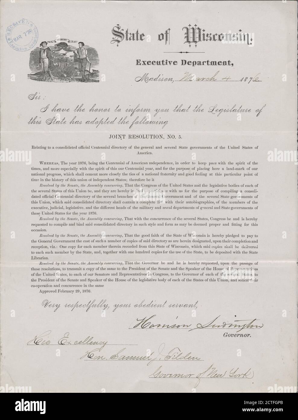 Ludington, Harrison, text, Correspondence, 1876 Stock Photo