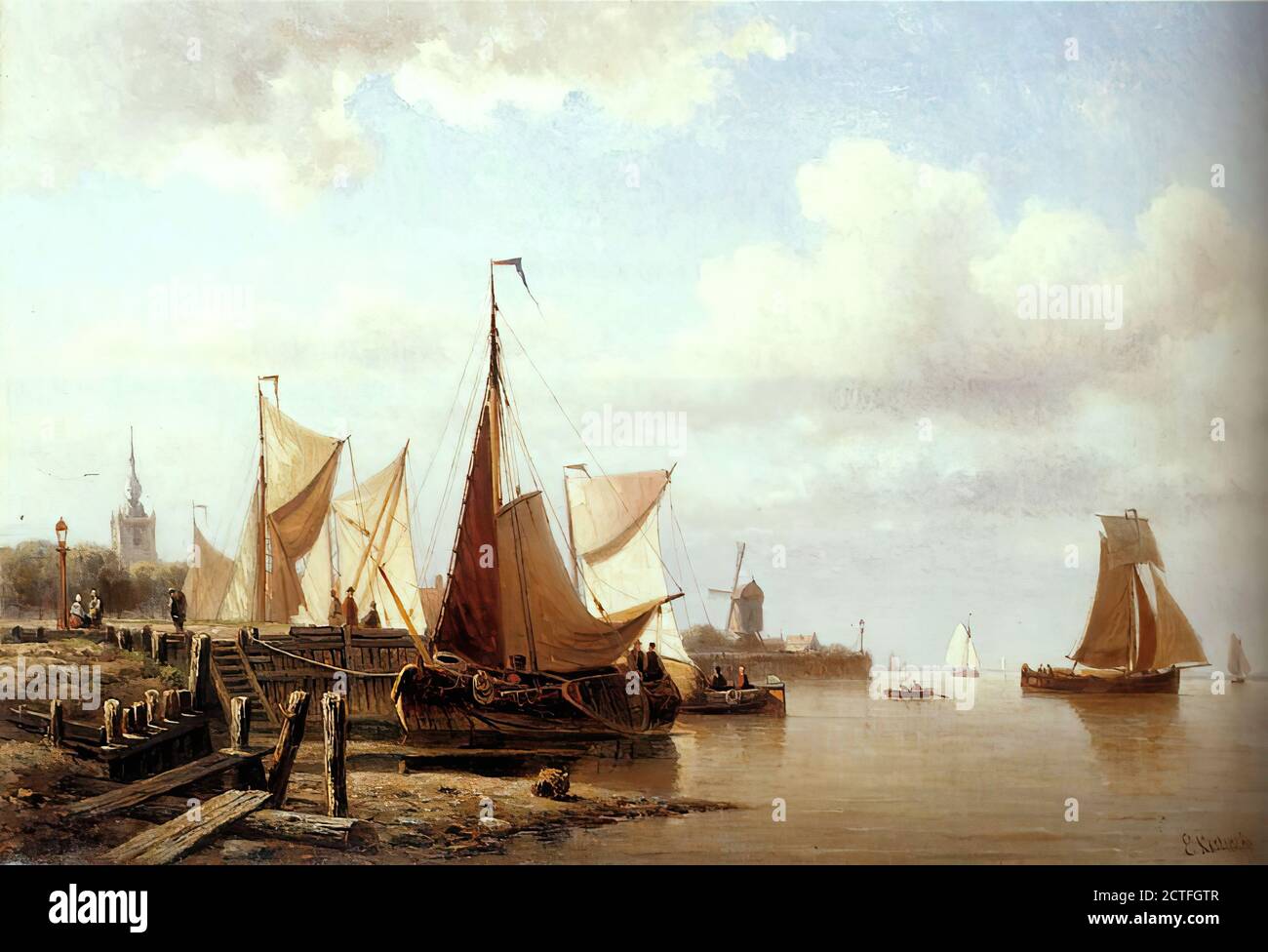 Koster Everhardus - a River Estuary with Moored Fishing Pinks and Townsfolk on the Quay - Dutch School - 19th  Century Stock Photo