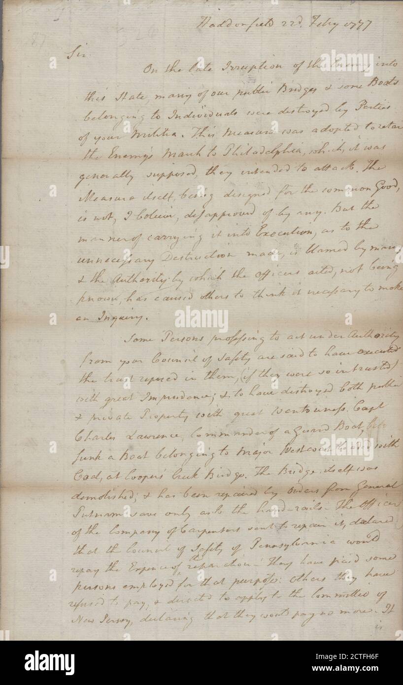 Letter to Owen Biddle, Chairman of the Council of Safety of Pennsylvania, text, Documents, 1777, Livingston, William Stock Photo