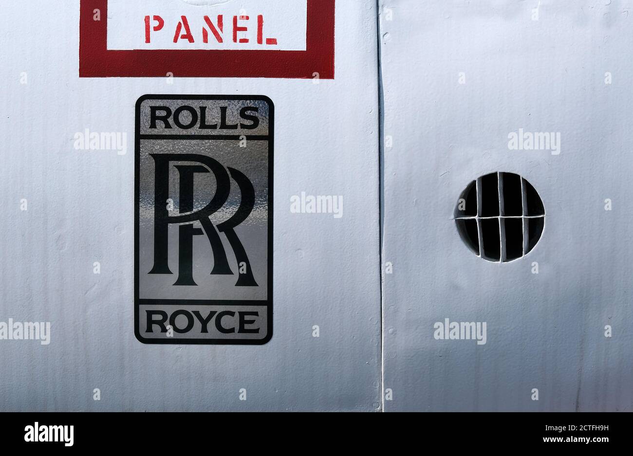 Rolls Royce logo on fast jet fuselage. Stock Photo
