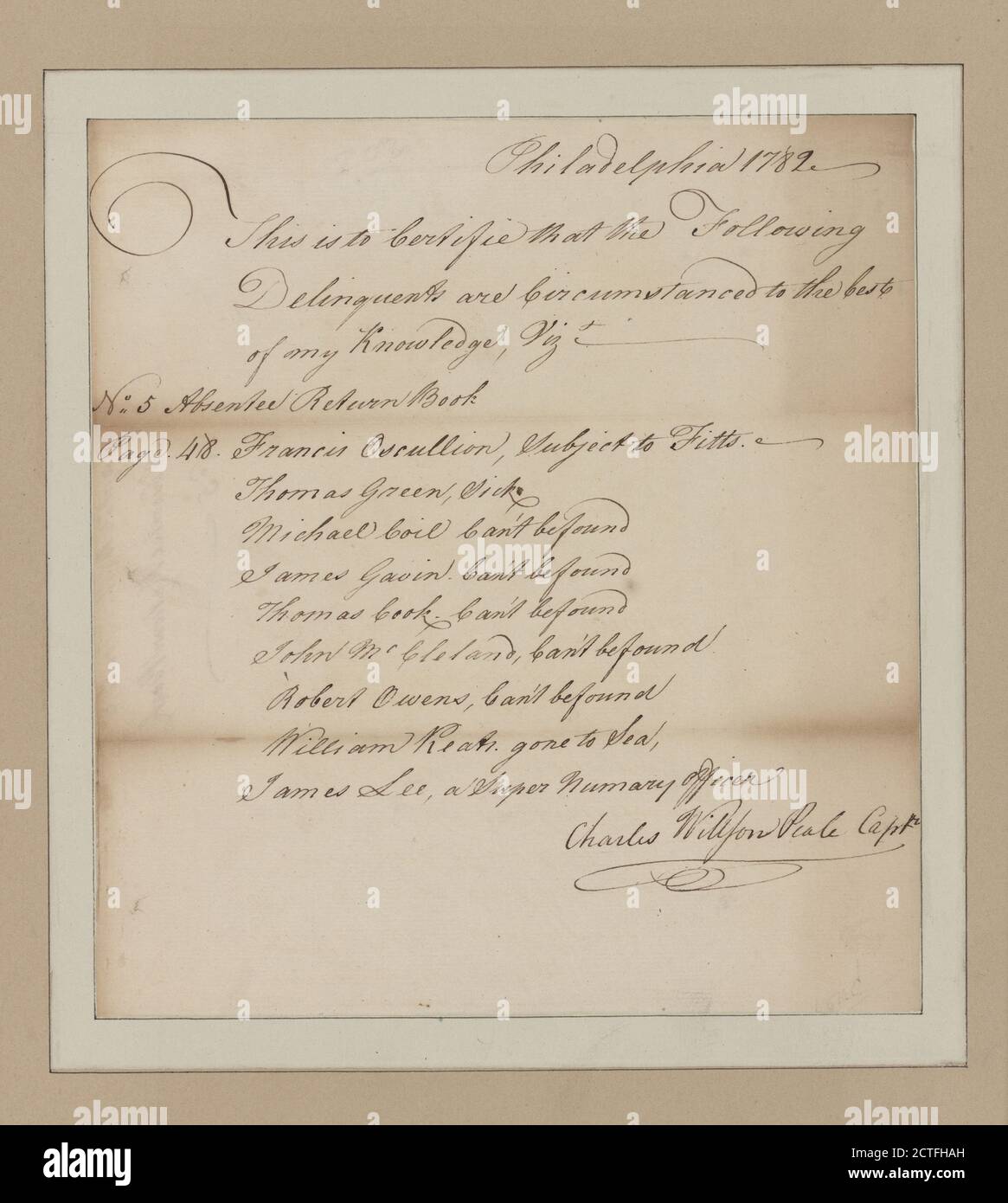 Document, text, Documents, 1782, Peale, Charles Willson Stock Photo