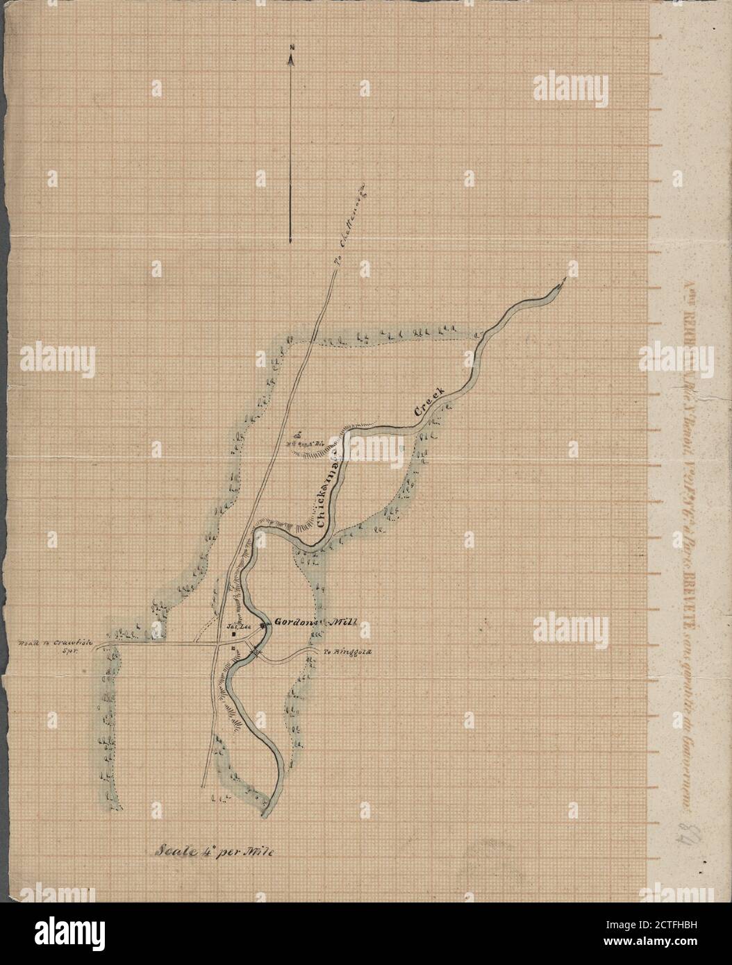 Manuscript map of an approximately 2-mile segment of Chickamaga (that is, West Chickamauga) Creek, south of Chattanooga, Tenn., south of the Chickamauga Battlefield, and west of Ringgold, Ga., cartographic, Maps, 1863 Stock Photo
