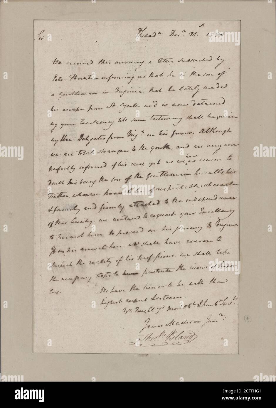 Letter to George Washington?, text, Documents, 1780, Madison, James, 1751-1836, Bland, Theodoric Stock Photo