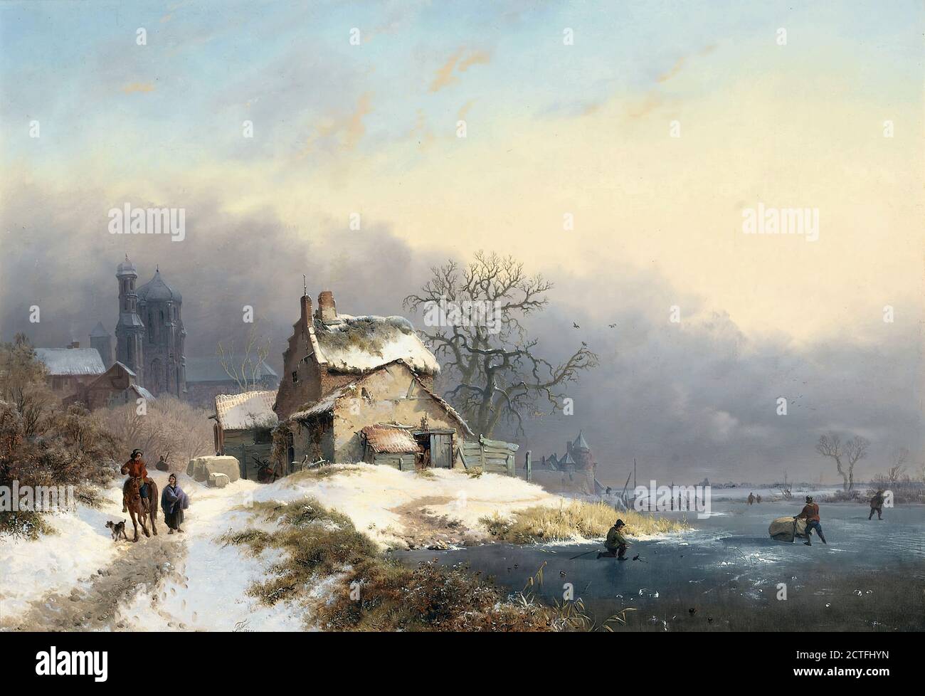 Kruseman Frederik Marinus - Villagers by a Frozen River - Dutch School - 19th  Century Stock Photo