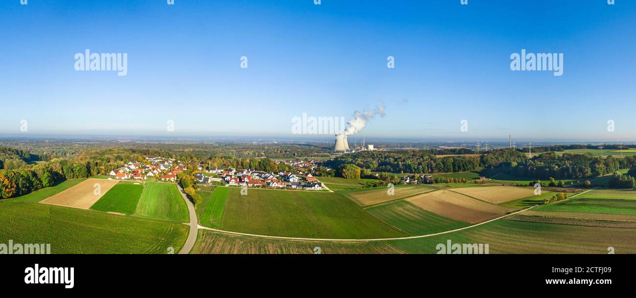 Aerial view of Gundremmingen and cooling towers of nuclear power plant Stock Photo