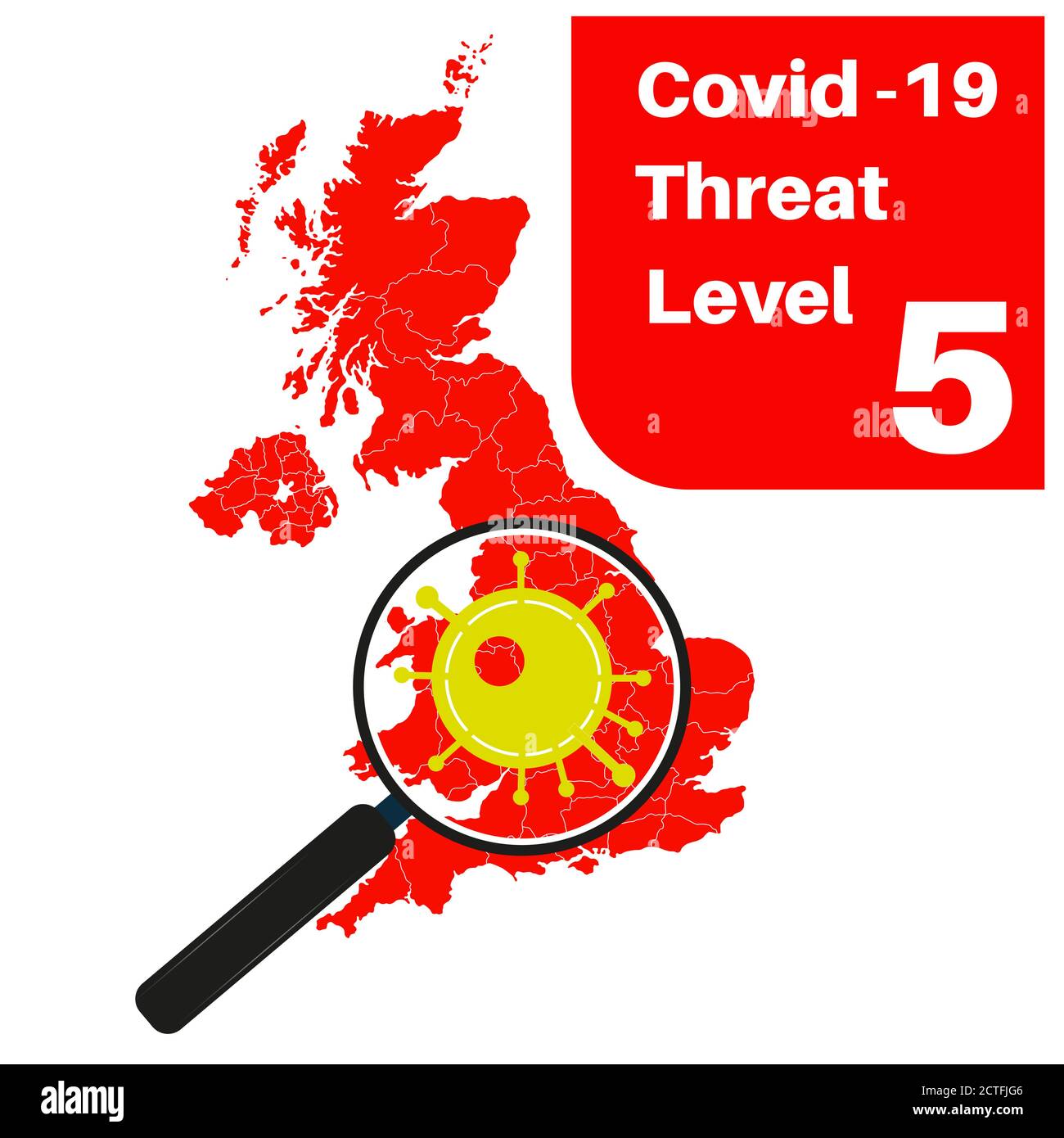 Covid-19 UK Threat Level 5 (Red) with map and magnifying glass Stock Vector