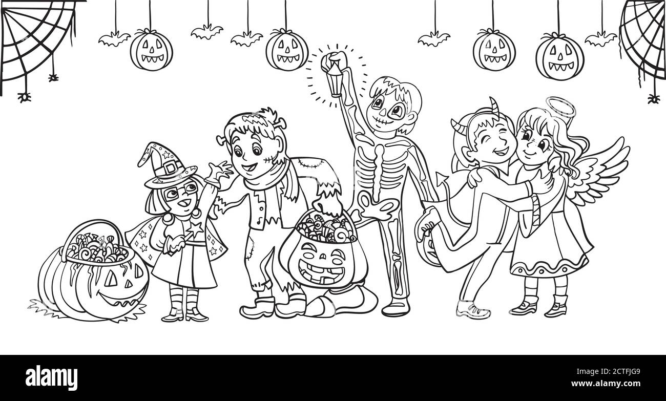 Vector cartoon halloween illustration children in costumes Stock Vector