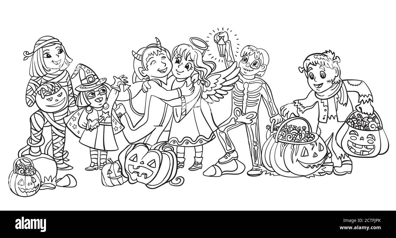 Vector cartoon halloween illustration children in costumes Stock Vector