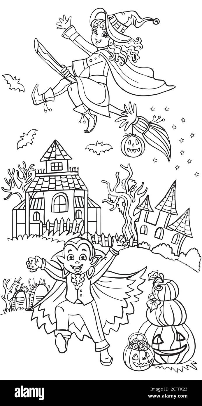 Vector cartoon halloween illustration vampire and witch Stock Vector