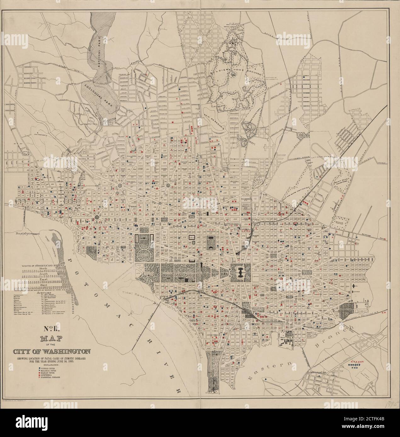 Map of the city of Washington showing location of fatal cases of zymotic diseases for the year ending June 30, 1895, cartographic, Maps, 1895, Norris Peters Co Stock Photo