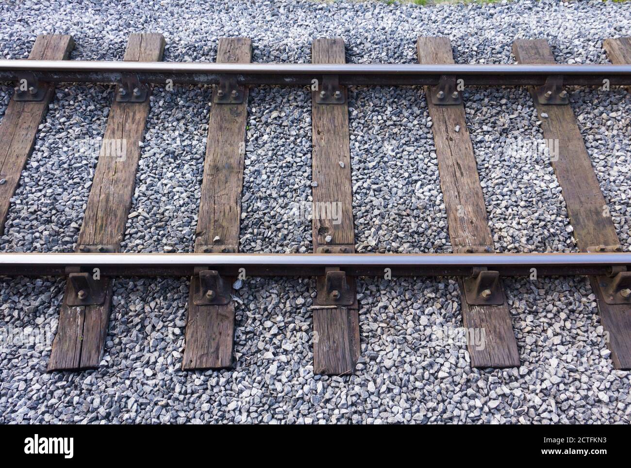 Wood sleeper, ballasted railway track, close up. Part of section of double track at the Damems passing loop on the Keighl;ey and Worth Valley Railway. Stock Photo
