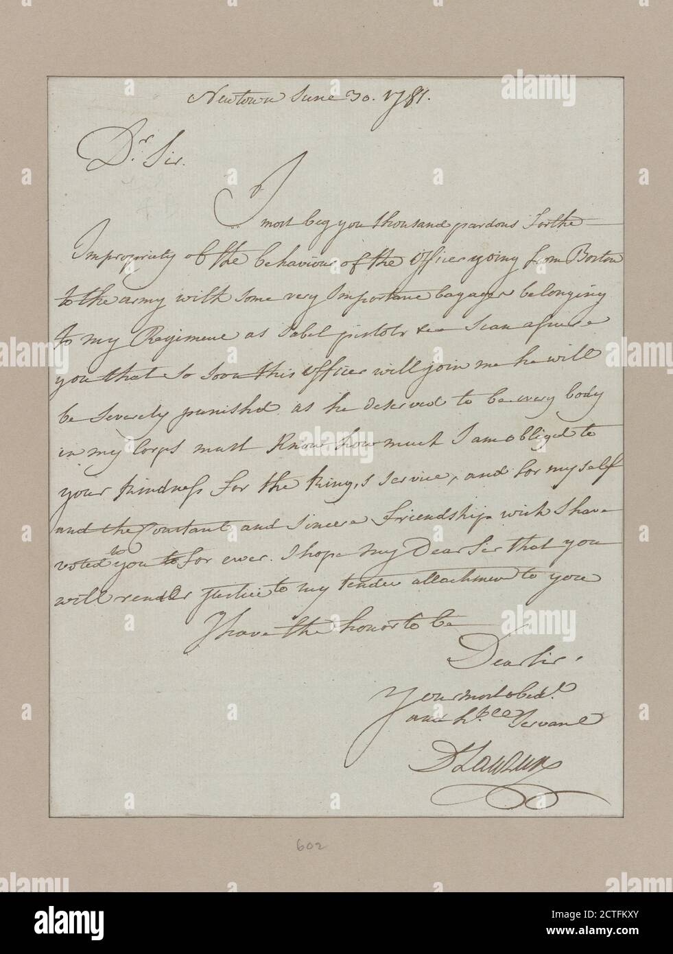 Letter to Col. Jeremiah Wadsworth, Agent to the French Army, text, Documents, 1781, Lauzun, Armand Louis de Gontaut de Duke, afterwards Duc de Biron Stock Photo