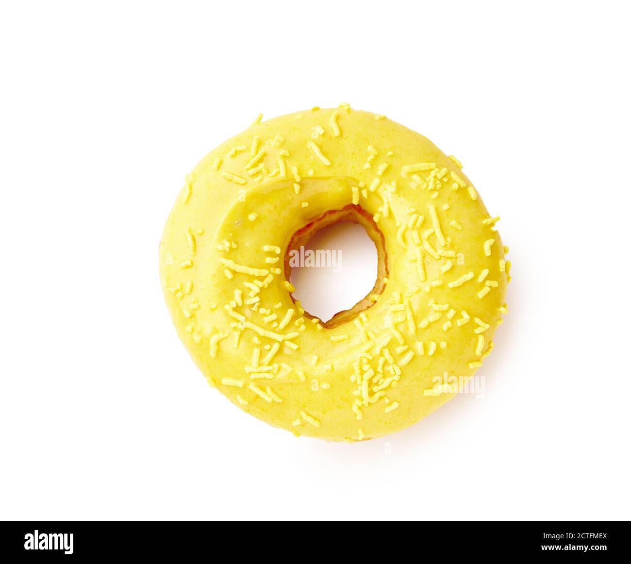 Top view with glazed sweet yellow donut isolated on white background ...