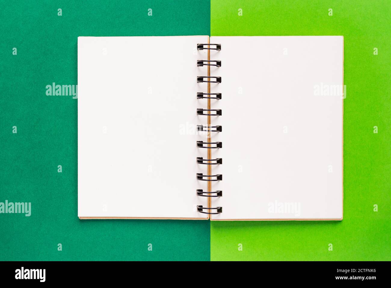 Clean spiral note book for notes and messages on green background. Minimal business flat lay Stock Photo