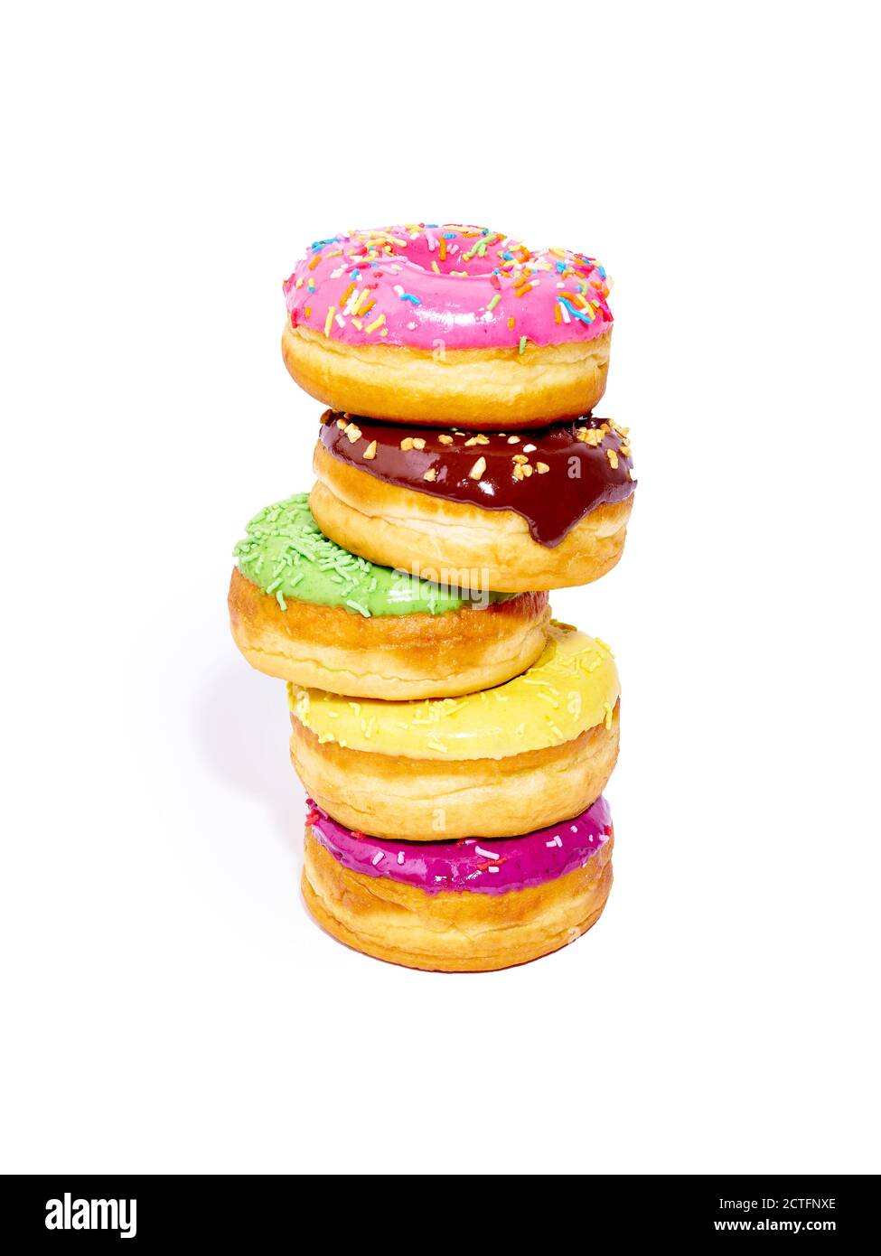 A pile of glazed donuts isolated on white background with copy space ...