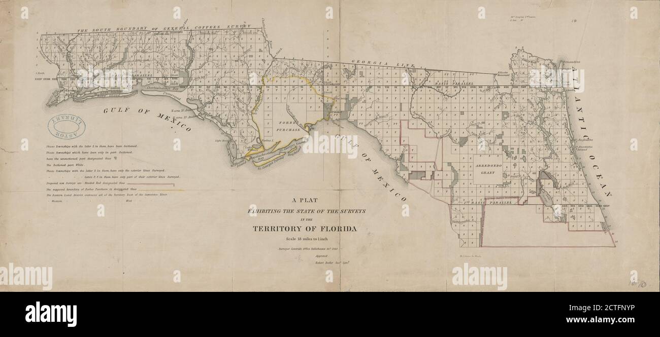 A plat exhibiting the state of the surveys in the territory of Florida, cartographic, Maps, 1840, Butler, Robert, 1786-1860, Stone, William James, 1798-1865 Stock Photo