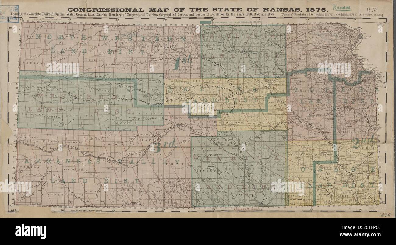 Congressional map of the state of Kansas, 1875 , cartographic, Maps, 1875, Rand McNally and Company, Rand McNally and Company Stock Photo