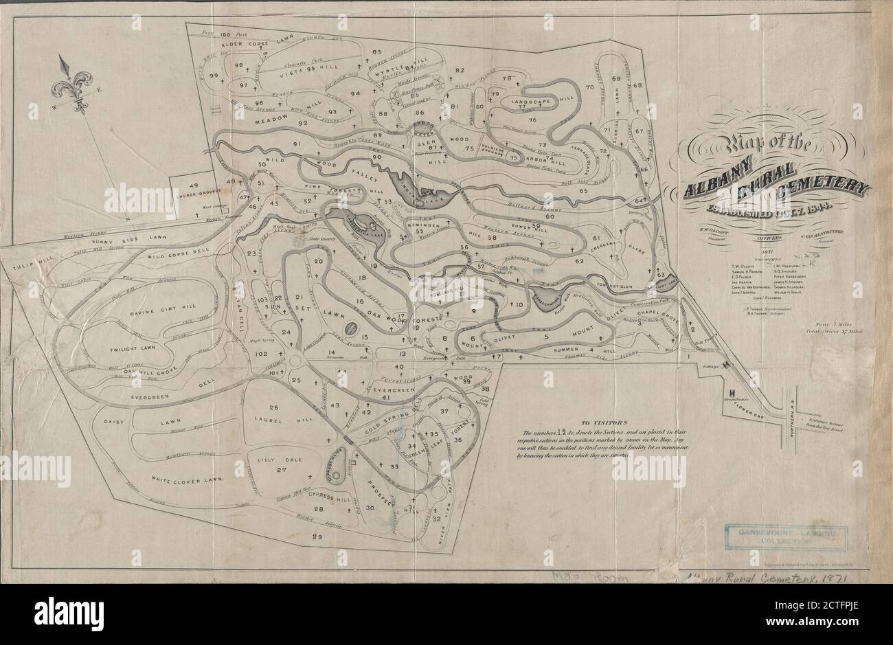 Map of the Albany Rural Cemetery, established, Oct. 7 1844, cartographic, Maps, 1871, Van Benthuysen, C. (Charles), 1817-1881, Thomas, J. P., Thomas, B. A., Gavit, John E., 1817-1874 Stock Photo