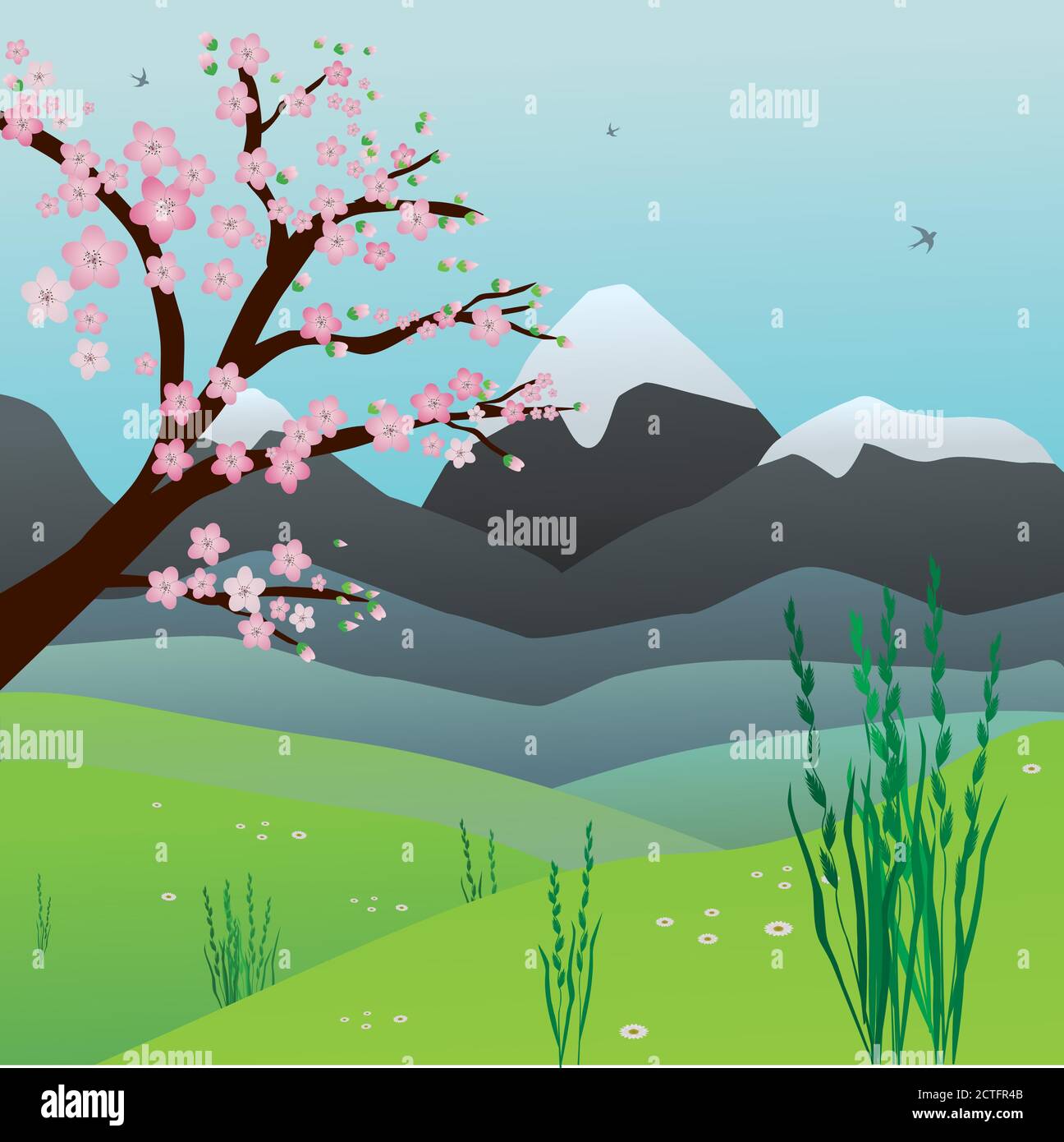 Landscape with hills, grass and a blossom tree.The sky is blue. In the sky there are birds flying. Stock Vector