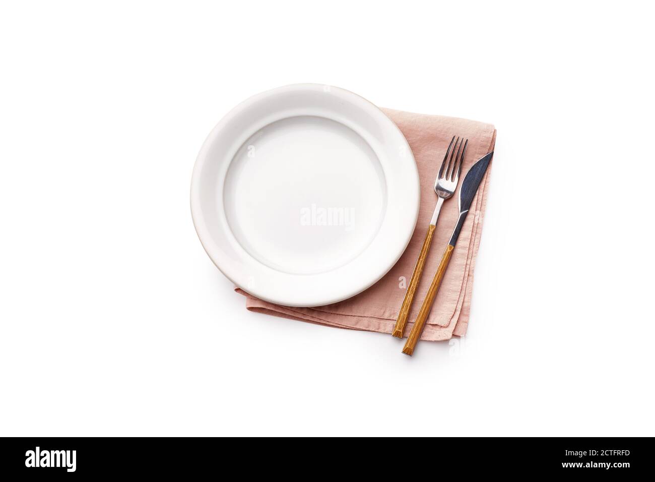 Flat lay white empty plate and cutlery isolated on white background ...