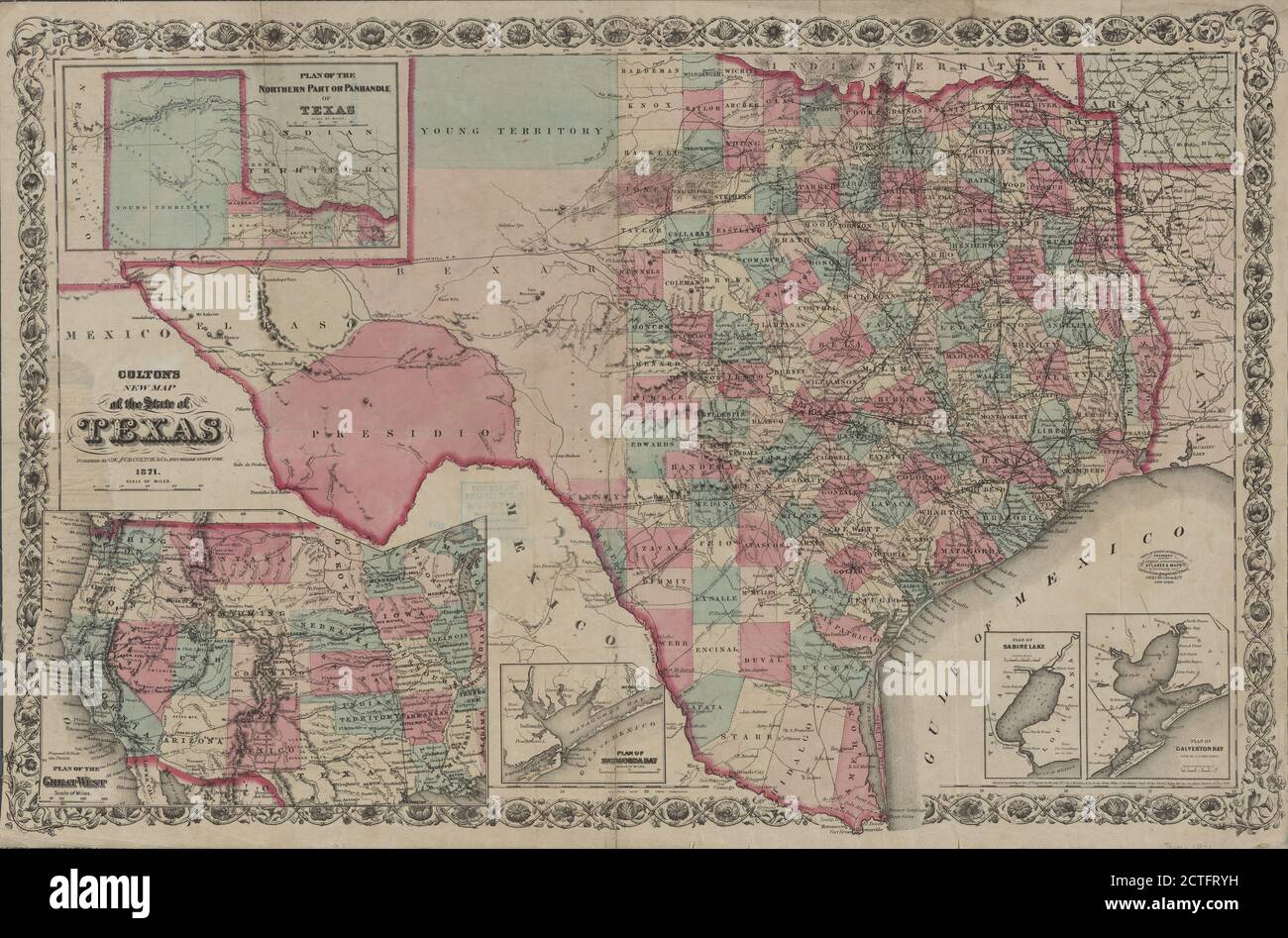 Colton's new map of the state of Texas, cartographic, Maps, 1871 Stock