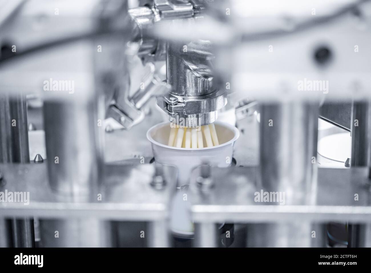 Automatic filling of sour cream into packaging. Machine milk industry