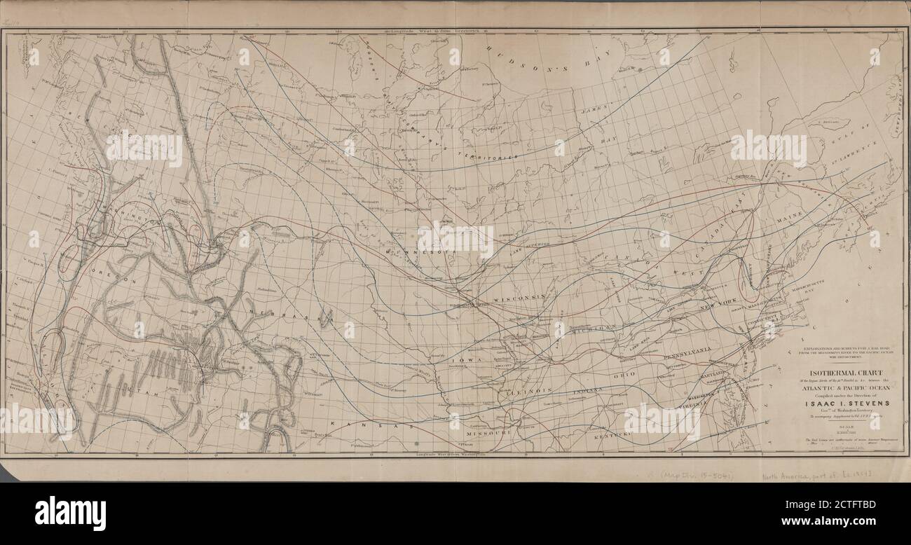 Isothermal chart of the region north of the 36th parallel &c. &c. between the Atlantic & Pacific ocean, cartographic, Maps, 1859, Graham, C. B. (Curtis B Stock Photo