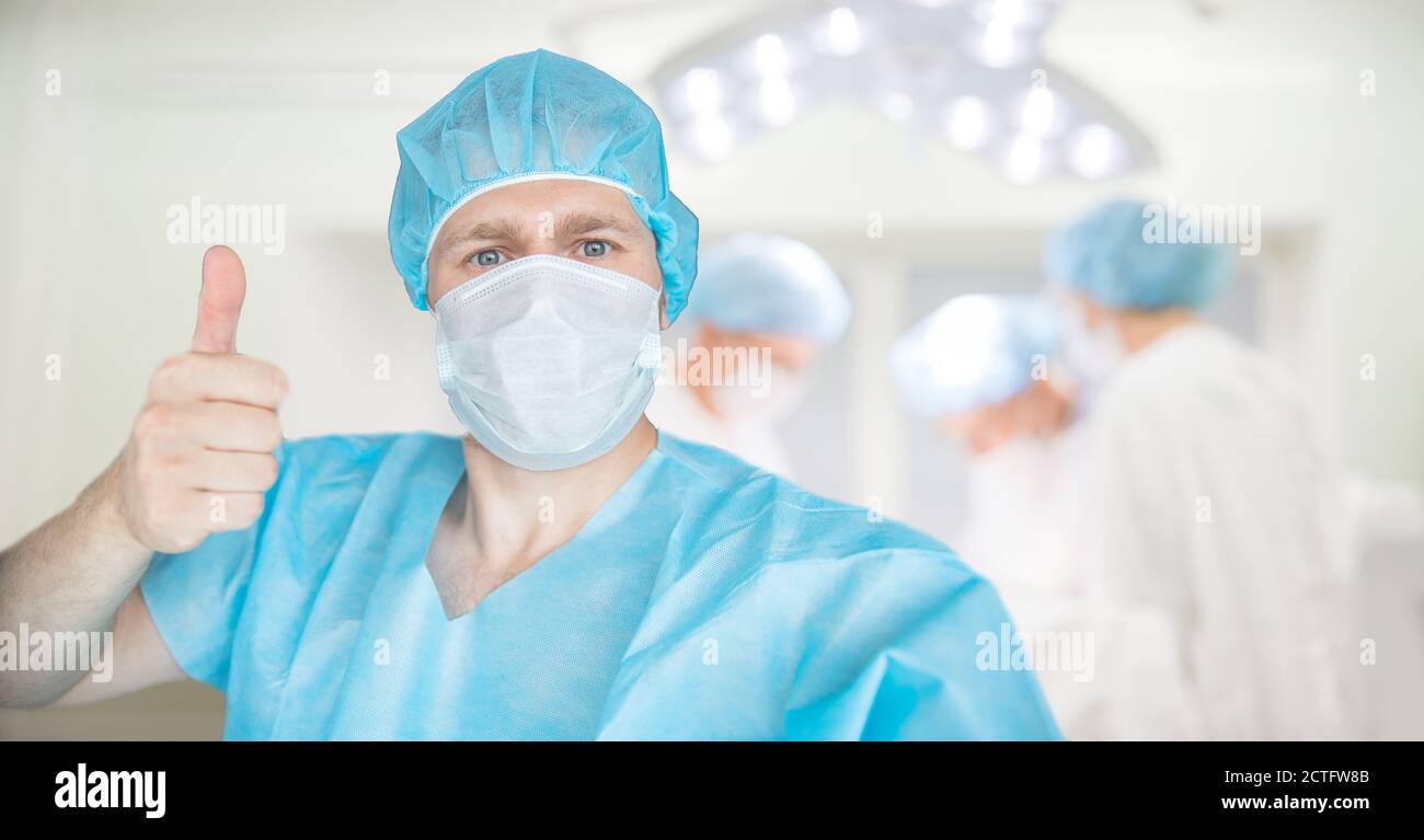 Selfie photo male doctor nurse on background of operating room with ...