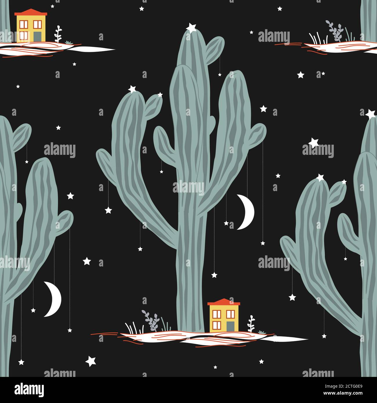 Vector seamless pattern with high saguaro cactus and little houses. Mexican fairy landscape, print for cards or textile Stock Vector