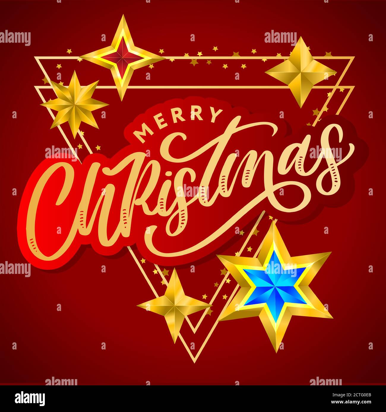 Merry Christmas card with hand drawn lettering and stars on dark ...