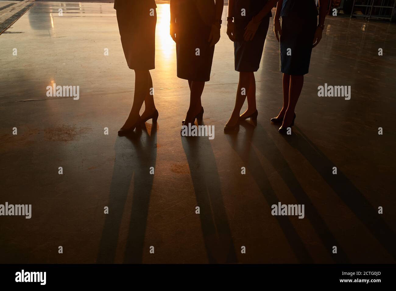 Beautiful slim legs of airline hostesses in the airport Stock Photo