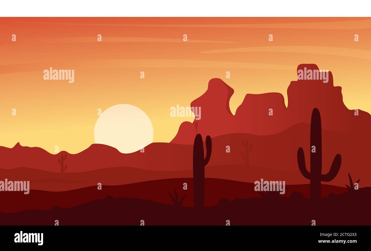 Mexican, Texas or Arisona desert nature at sunset night vector illustration. Cartoon flat natural deserted Mexico landscape mountain canyon silhouettes, dunes, cactuses and dry plants Stock Vector